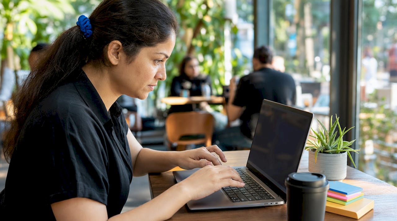 Tester typing detailed bug report on laptop side view