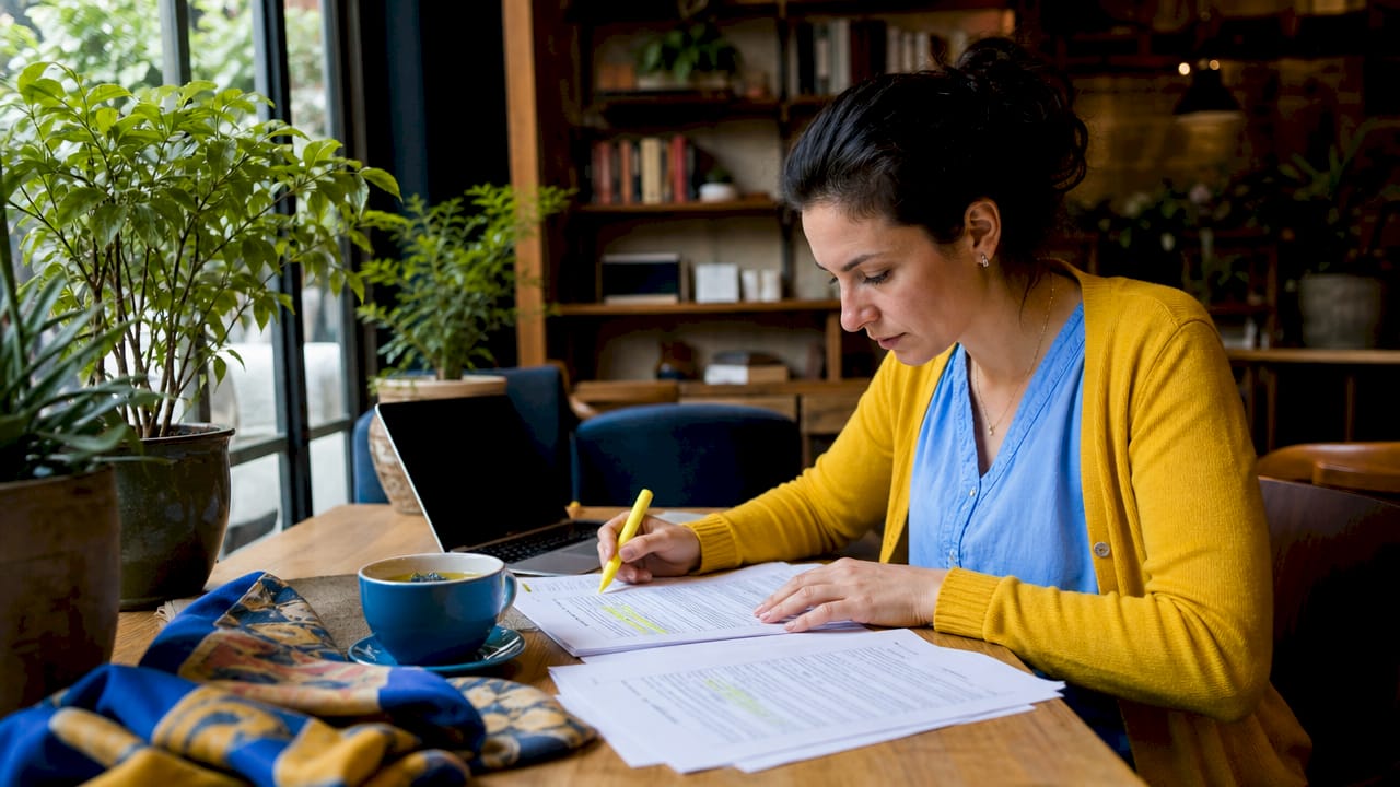 QA analyst reviewing printed test report pages at desk