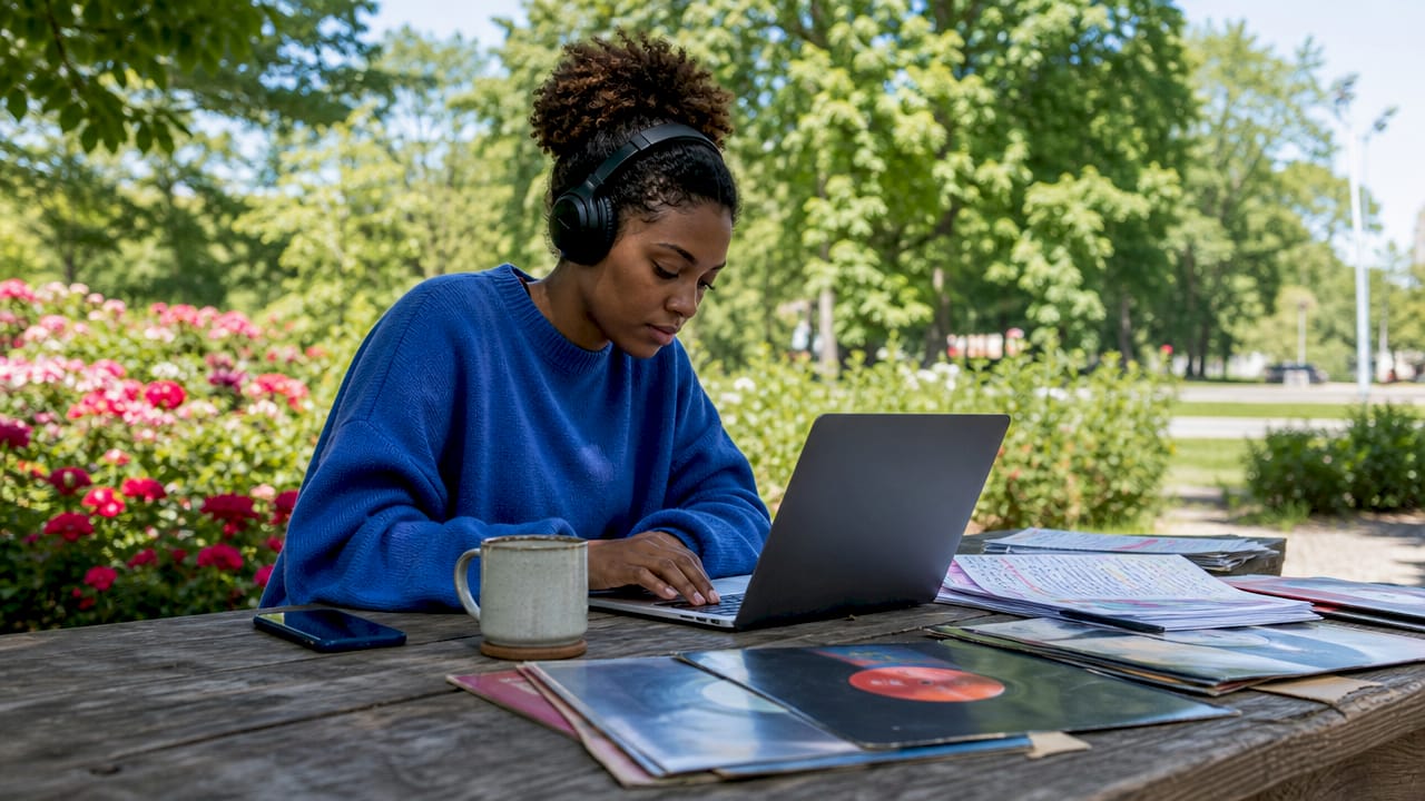 Woman researching music platform alternatives at café