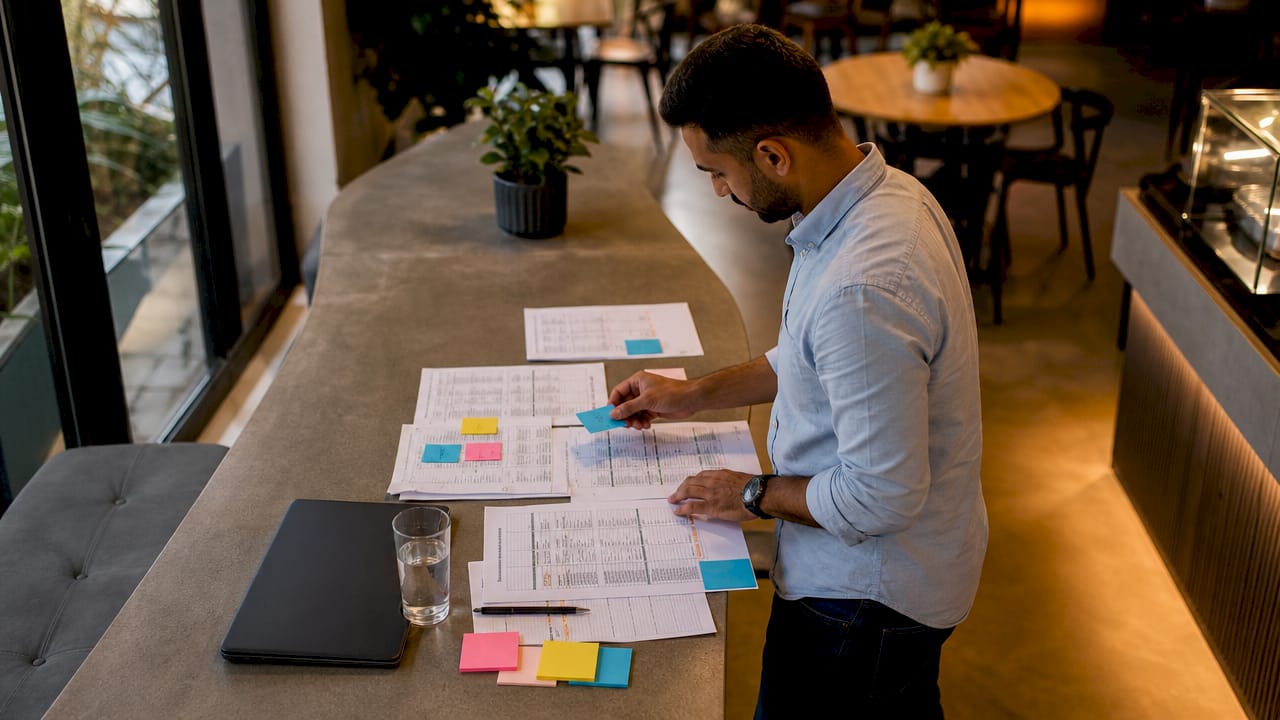 Tester organizing UAT test plans in conference room