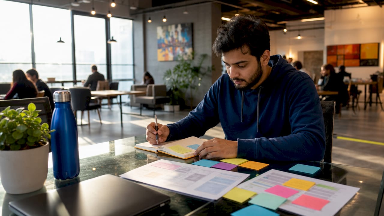 QA engineer reviewing test documentation at desk