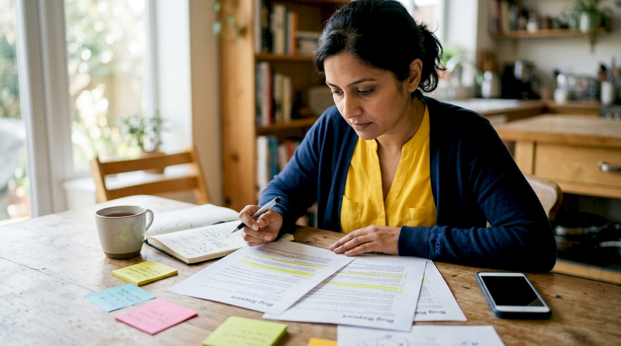 Developer examining printouts for duplicate bugs