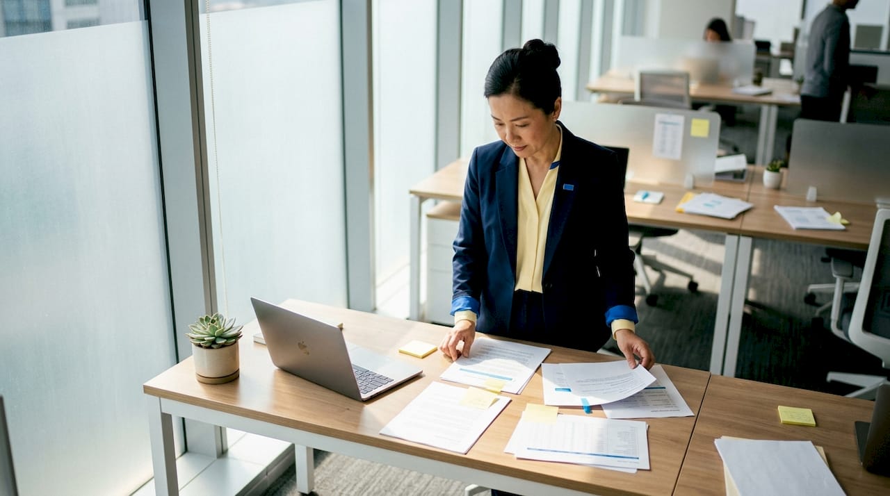 Woman reviewing software test audit documents at desk