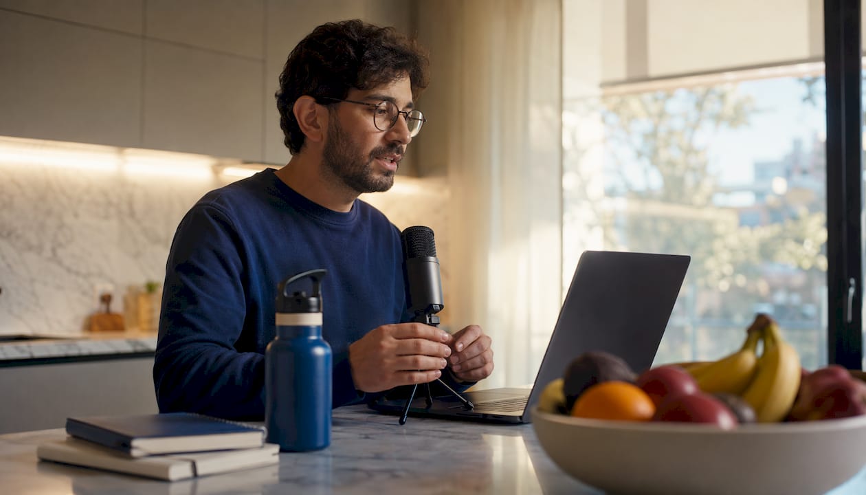 Developer speaking bug report into microphone at desk