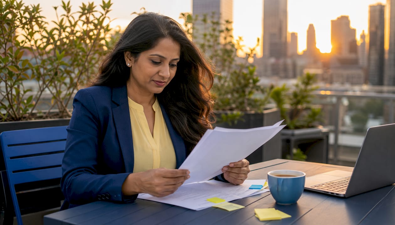 Businesswoman reviewing UAT documents