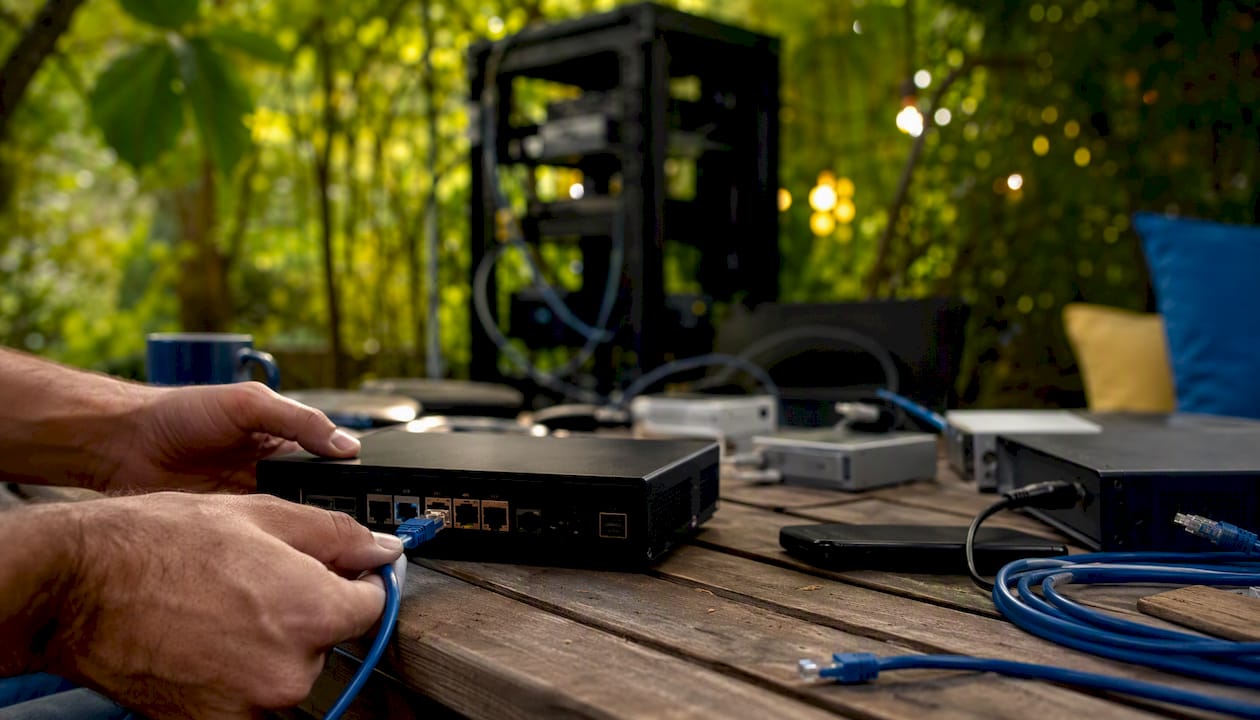 Hands connecting network cable during setup