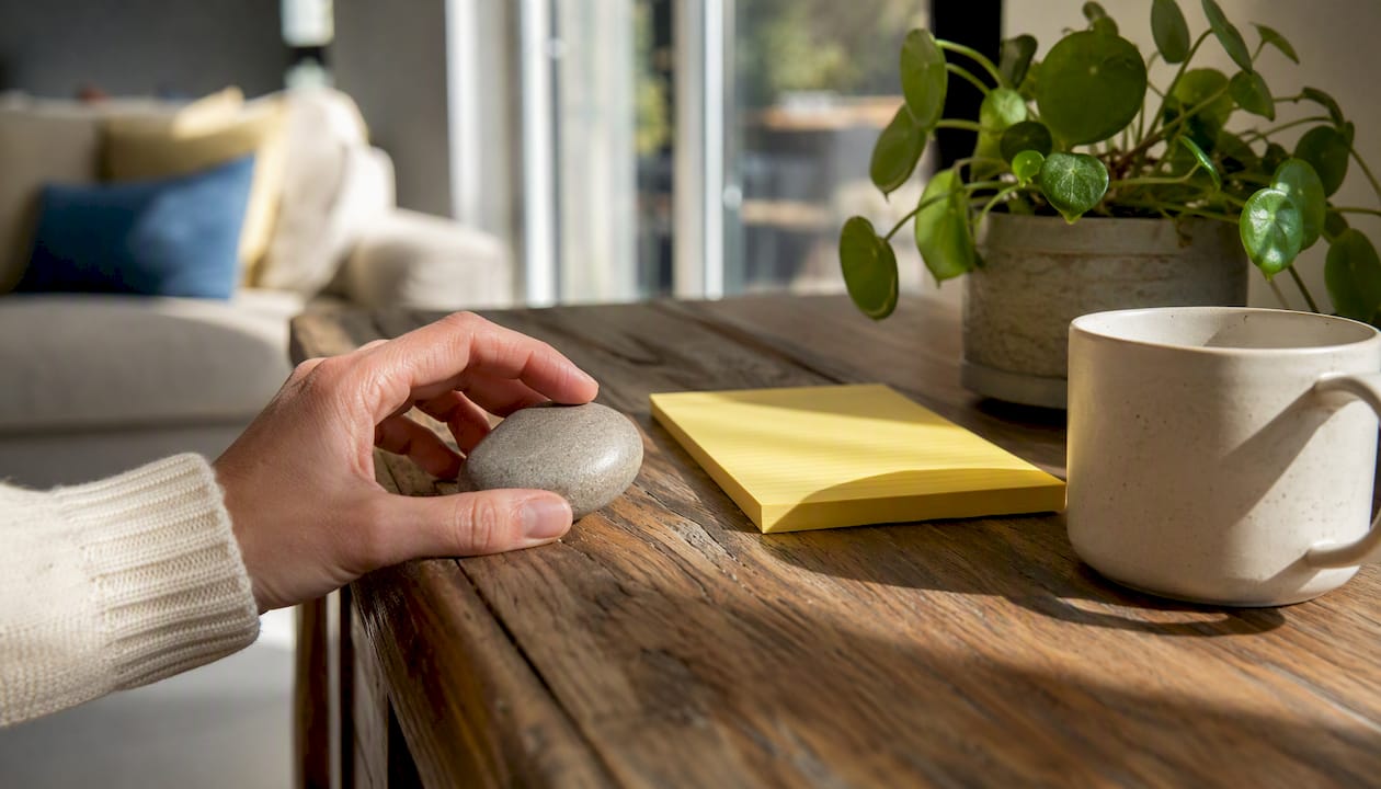 Hand holding inspirational quote stone at meeting table
