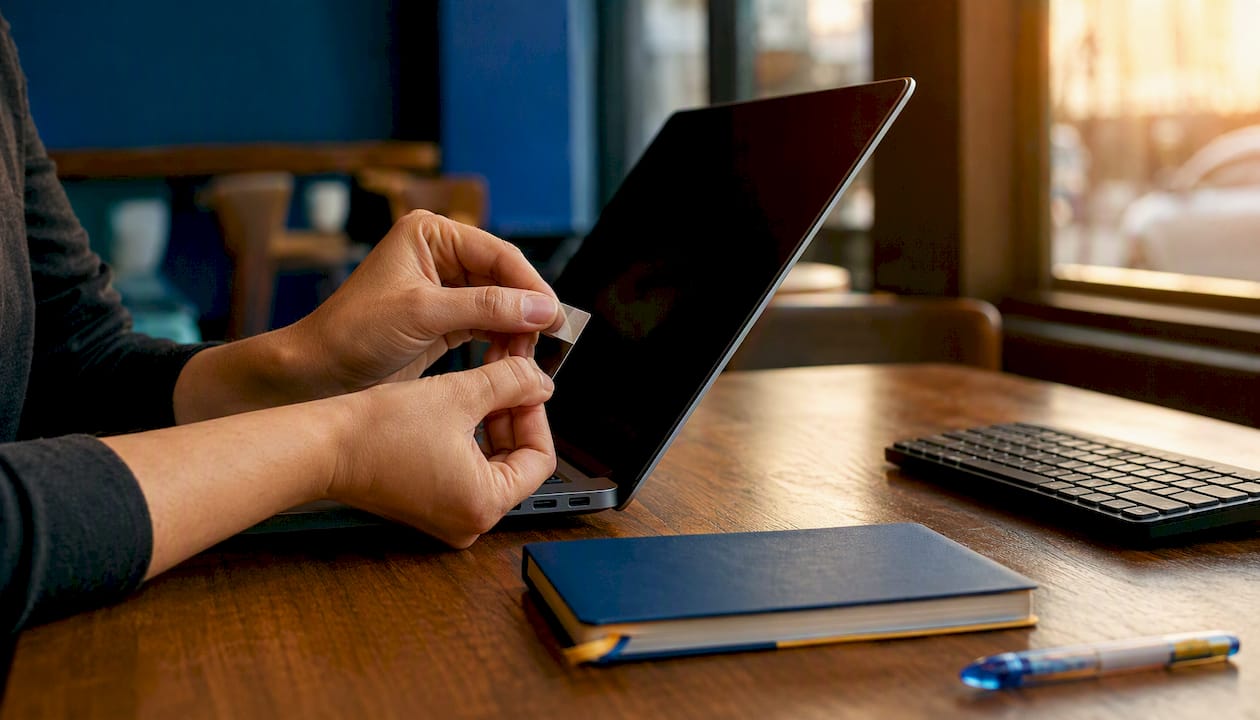 Hands applying data masking label on laptop edge