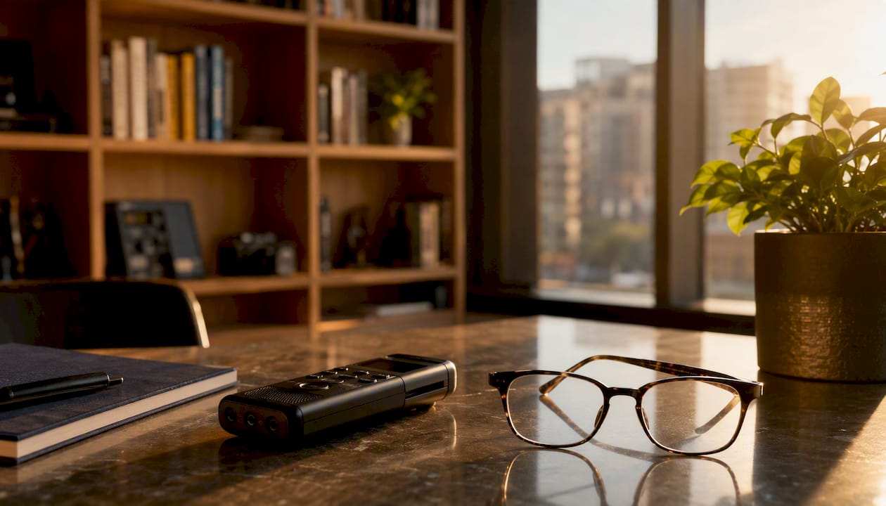 Close-up of glasses and recorder on table