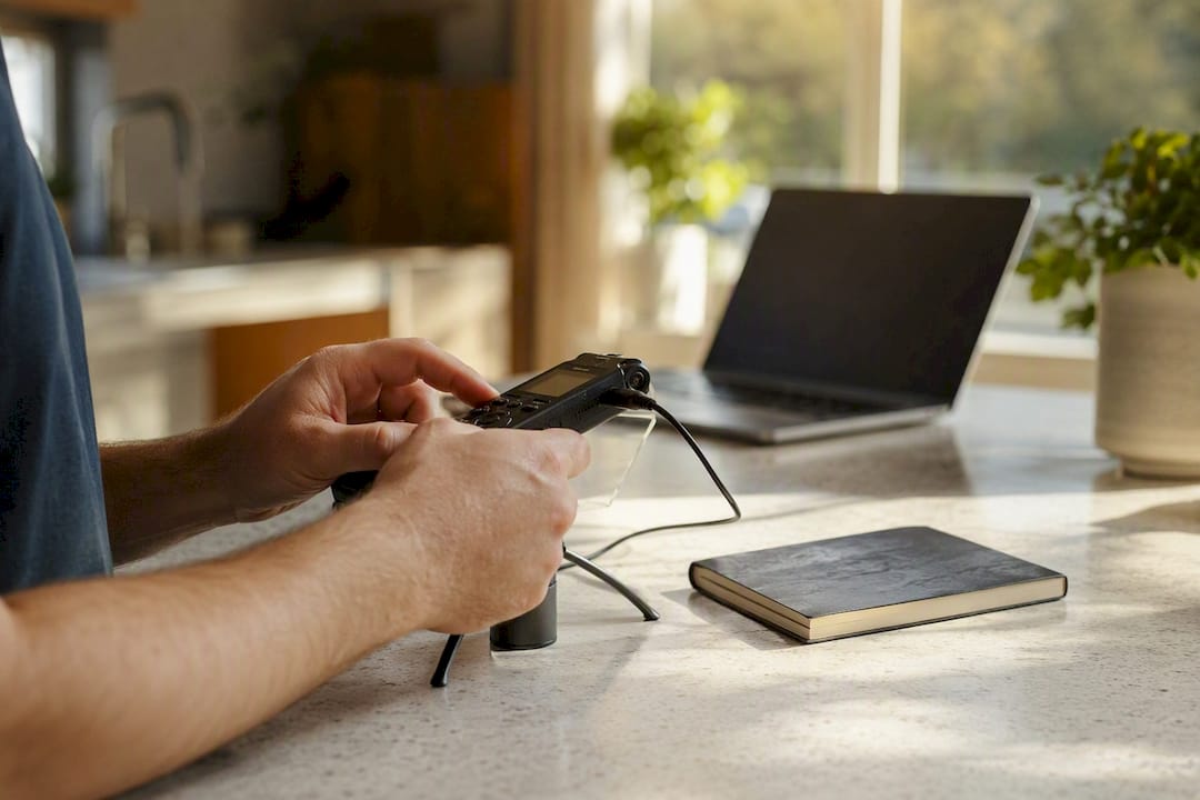 Hands operating voice recorder on office desk