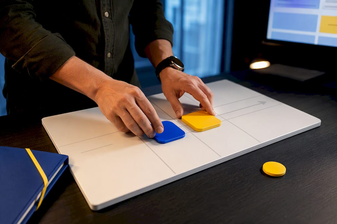 Hands arranging two bug workflow state markers